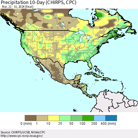 North America Precipitation 10-Day (CHIRPS) Thematic Map For 3/21/2024 - 3/31/2024