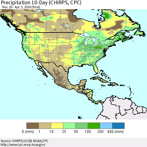 North America Precipitation 10-Day (CHIRPS) Thematic Map For 3/26/2024 - 4/5/2024