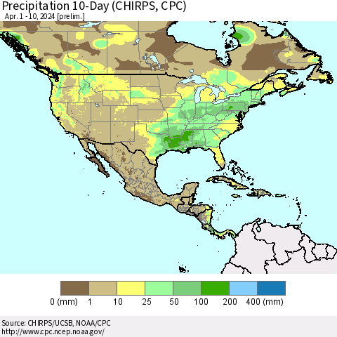 North America Precipitation 10-Day (CHIRPS) Thematic Map For 4/1/2024 - 4/10/2024
