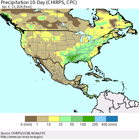North America Precipitation 10-Day (CHIRPS) Thematic Map For 4/6/2024 - 4/15/2024