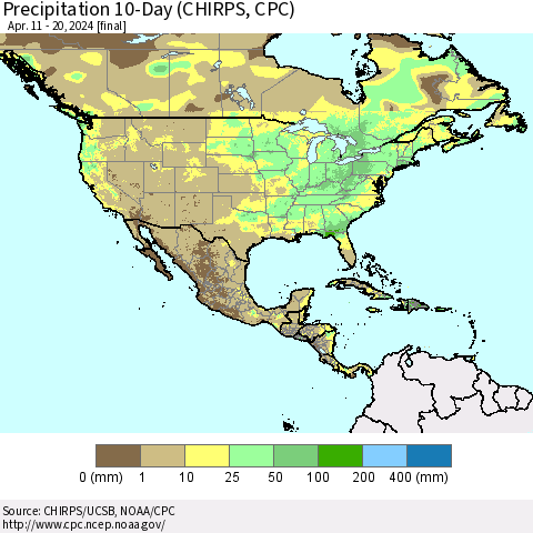 North America Precipitation 10-Day (CHIRPS) Thematic Map For 4/11/2024 - 4/20/2024