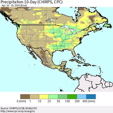 North America Precipitation 10-Day (CHIRPS) Thematic Map For 4/16/2024 - 4/25/2024