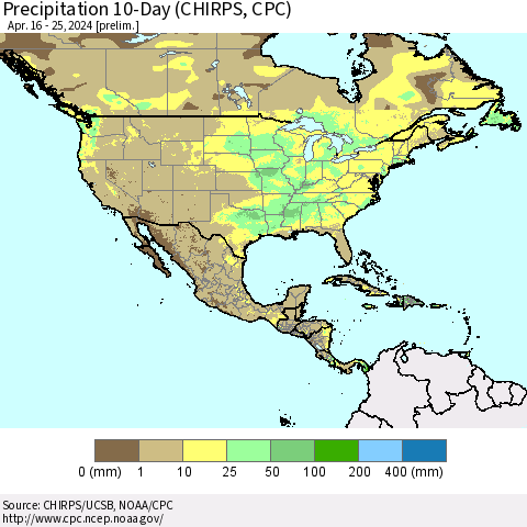North America Precipitation 10-Day (CHIRPS) Thematic Map For 4/16/2024 - 4/25/2024