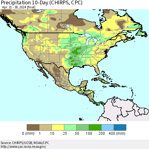 North America Precipitation 10-Day (CHIRPS) Thematic Map For 4/21/2024 - 4/30/2024