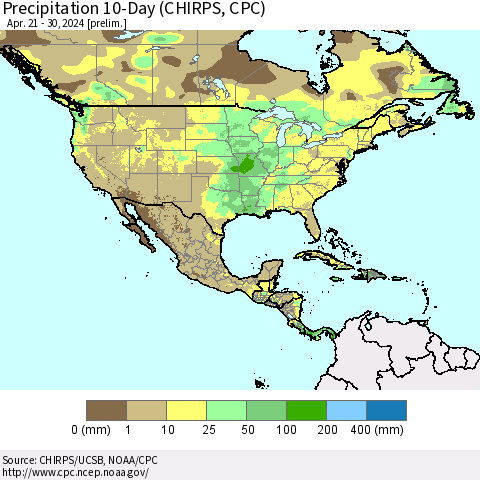 North America Precipitation 10-Day (CHIRPS) Thematic Map For 4/21/2024 - 4/30/2024