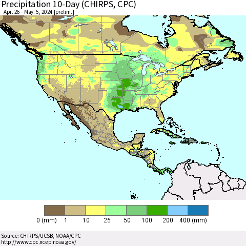 North America Precipitation 10-Day (CHIRPS) Thematic Map For 4/26/2024 - 5/5/2024