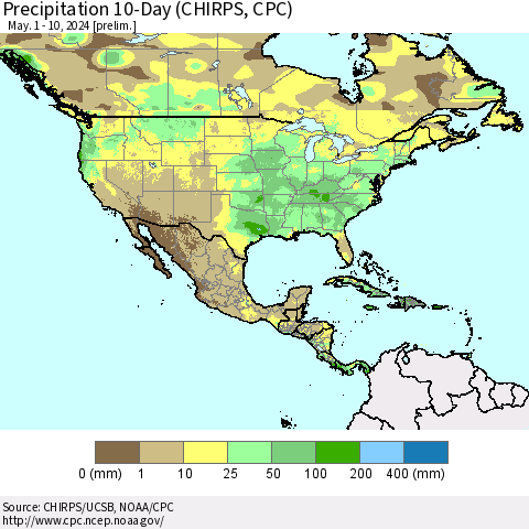 North America Precipitation 10-Day (CHIRPS) Thematic Map For 5/1/2024 - 5/10/2024