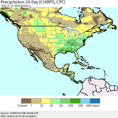 North America Precipitation 10-Day (CHIRPS) Thematic Map For 5/6/2024 - 5/15/2024