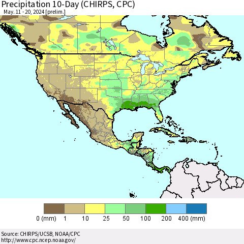 North America Precipitation 10-Day (CHIRPS) Thematic Map For 5/11/2024 - 5/20/2024