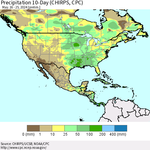 North America Precipitation 10-Day (CHIRPS) Thematic Map For 5/16/2024 - 5/25/2024