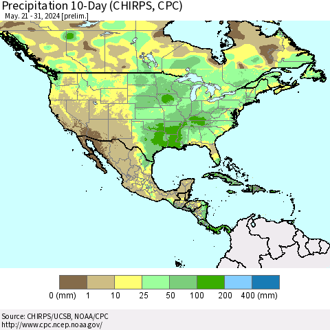 North America Precipitation 10-Day (CHIRPS) Thematic Map For 5/21/2024 - 5/31/2024