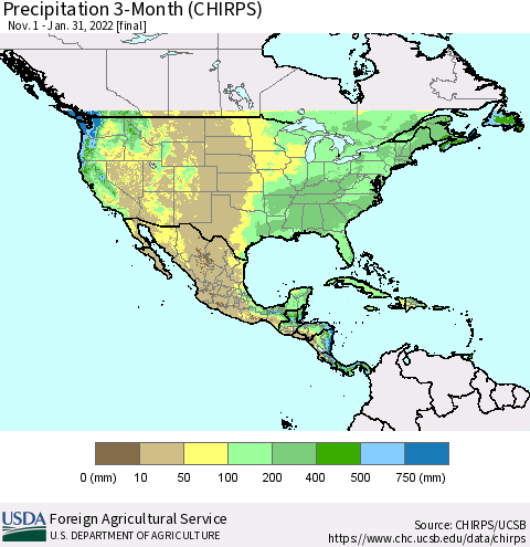 North America Precipitation 3-Month (CHIRPS) Thematic Map For 11/1/2021 - 1/31/2022