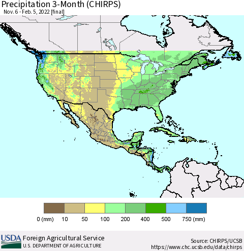 North America Precipitation 3-Month (CHIRPS) Thematic Map For 11/6/2021 - 2/5/2022