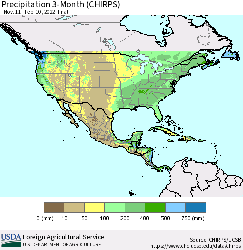 North America Precipitation 3-Month (CHIRPS) Thematic Map For 11/11/2021 - 2/10/2022