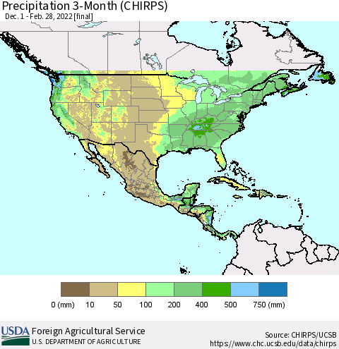 North America Precipitation 3-Month (CHIRPS) Thematic Map For 12/1/2021 - 2/28/2022