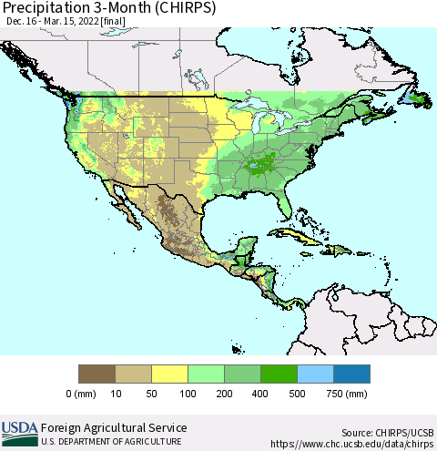 North America Precipitation 3-Month (CHIRPS) Thematic Map For 12/16/2021 - 3/15/2022