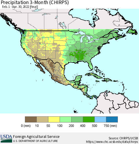 North America Precipitation 3-Month (CHIRPS) Thematic Map For 2/1/2022 - 4/30/2022