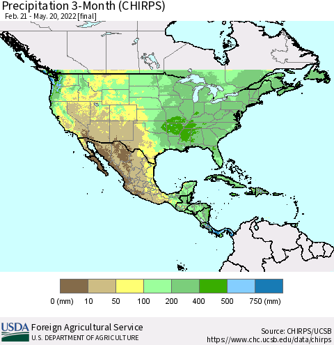 North America Precipitation 3-Month (CHIRPS) Thematic Map For 2/21/2022 - 5/20/2022