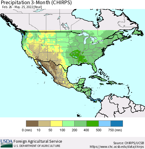 North America Precipitation 3-Month (CHIRPS) Thematic Map For 2/26/2022 - 5/25/2022