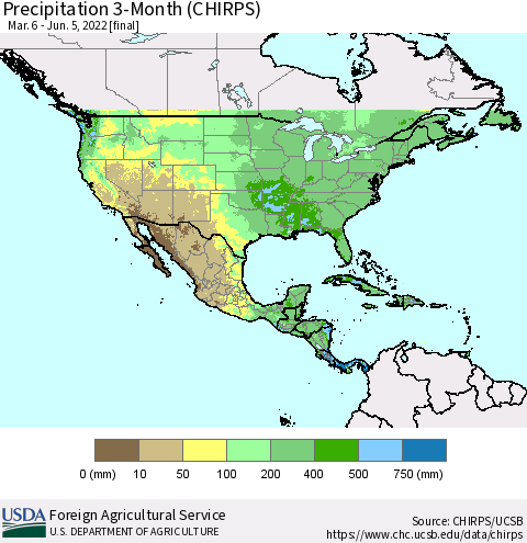 North America Precipitation 3-Month (CHIRPS) Thematic Map For 3/6/2022 - 6/5/2022