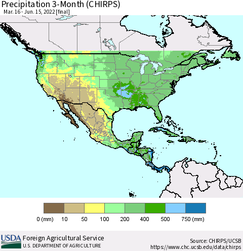 North America Precipitation 3-Month (CHIRPS) Thematic Map For 3/16/2022 - 6/15/2022