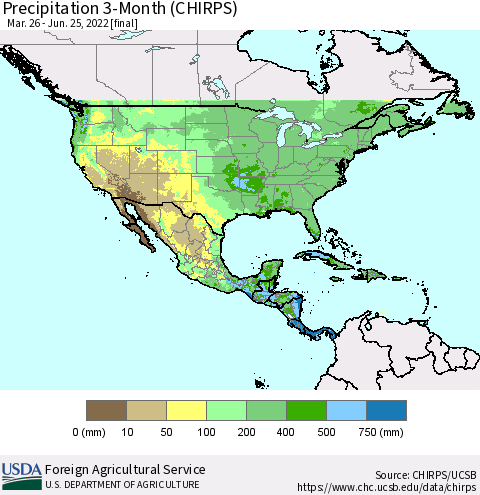 North America Precipitation 3-Month (CHIRPS) Thematic Map For 3/26/2022 - 6/25/2022