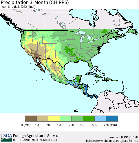 North America Precipitation 3-Month (CHIRPS) Thematic Map For 4/6/2022 - 7/5/2022