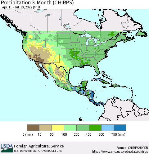 North America Precipitation 3-Month (CHIRPS) Thematic Map For 4/11/2022 - 7/10/2022