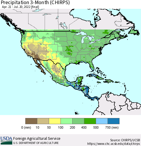 North America Precipitation 3-Month (CHIRPS) Thematic Map For 4/21/2022 - 7/20/2022