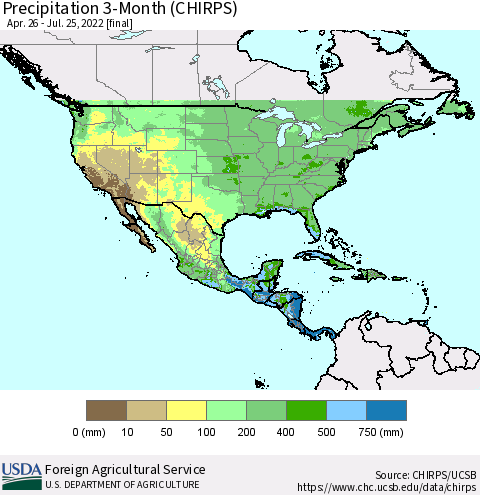 North America Precipitation 3-Month (CHIRPS) Thematic Map For 4/26/2022 - 7/25/2022