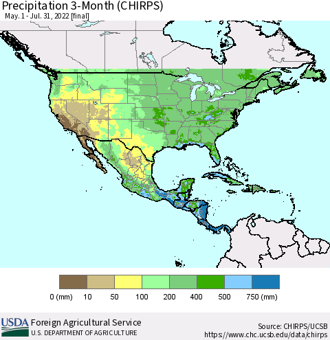 North America Precipitation 3-Month (CHIRPS) Thematic Map For 5/1/2022 - 7/31/2022
