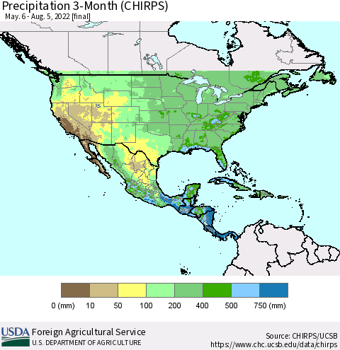 North America Precipitation 3-Month (CHIRPS) Thematic Map For 5/6/2022 - 8/5/2022