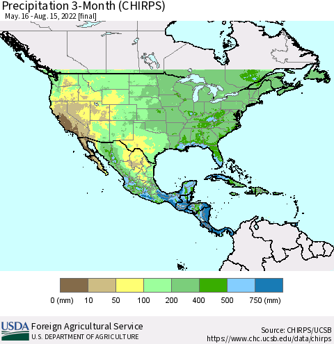 North America Precipitation 3-Month (CHIRPS) Thematic Map For 5/16/2022 - 8/15/2022