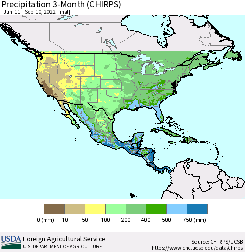 North America Precipitation 3-Month (CHIRPS) Thematic Map For 6/11/2022 - 9/10/2022