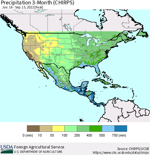 North America Precipitation 3-Month (CHIRPS) Thematic Map For 6/16/2022 - 9/15/2022