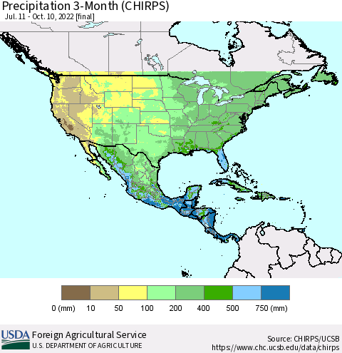 North America Precipitation 3-Month (CHIRPS) Thematic Map For 7/11/2022 - 10/10/2022