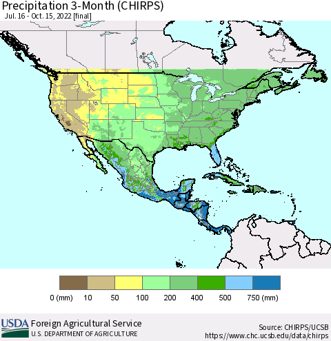 North America Precipitation 3-Month (CHIRPS) Thematic Map For 7/16/2022 - 10/15/2022