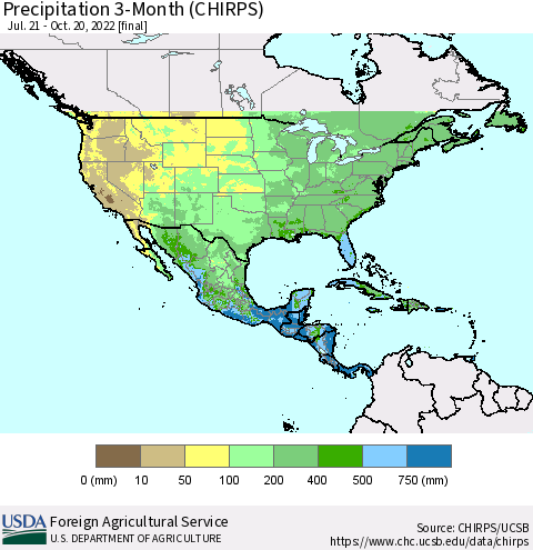 North America Precipitation 3-Month (CHIRPS) Thematic Map For 7/21/2022 - 10/20/2022