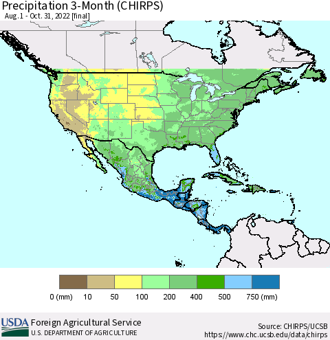 North America Precipitation 3-Month (CHIRPS) Thematic Map For 8/1/2022 - 10/31/2022