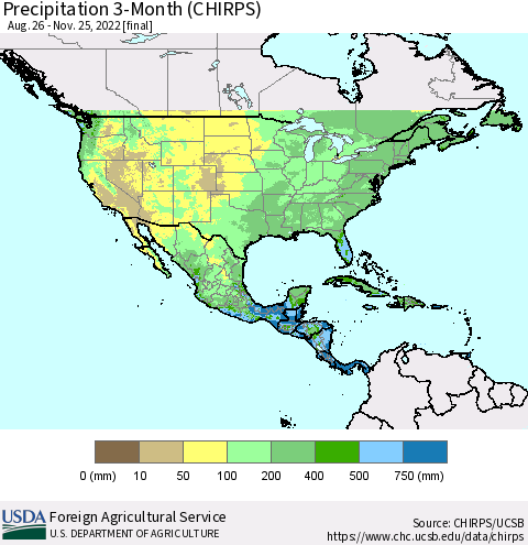 North America Precipitation 3-Month (CHIRPS) Thematic Map For 8/26/2022 - 11/25/2022