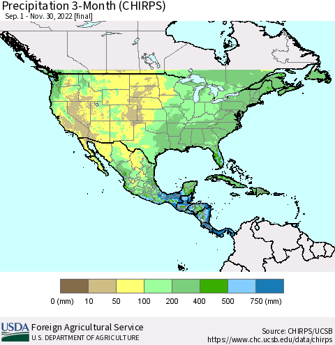 North America Precipitation 3-Month (CHIRPS) Thematic Map For 9/1/2022 - 11/30/2022