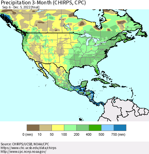 North America Precipitation 3-Month (CHIRPS) Thematic Map For 9/6/2022 - 12/5/2022