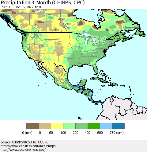 North America Precipitation 3-Month (CHIRPS) Thematic Map For 9/16/2022 - 12/15/2022