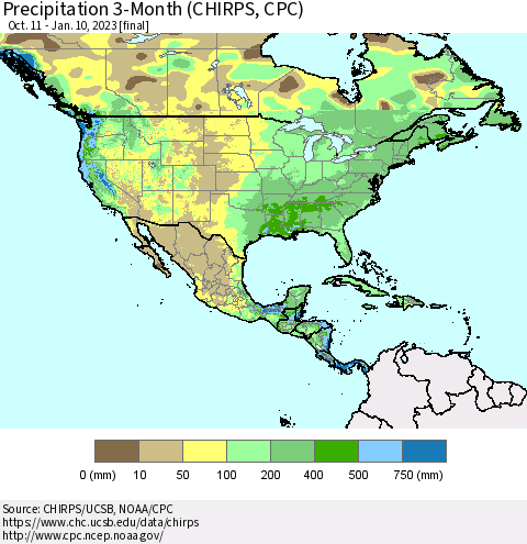 North America Precipitation 3-Month (CHIRPS) Thematic Map For 10/11/2022 - 1/10/2023