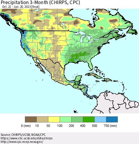 North America Precipitation 3-Month (CHIRPS) Thematic Map For 10/21/2022 - 1/20/2023