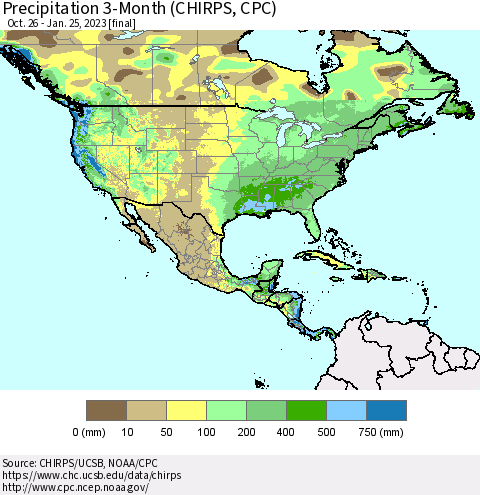 North America Precipitation 3-Month (CHIRPS) Thematic Map For 10/26/2022 - 1/25/2023
