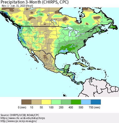 North America Precipitation 3-Month (CHIRPS) Thematic Map For 11/1/2022 - 1/31/2023