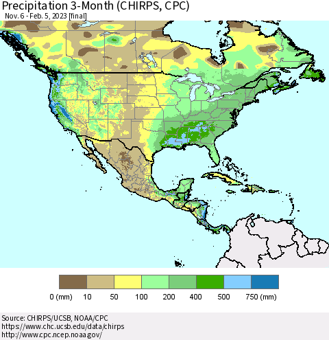 North America Precipitation 3-Month (CHIRPS) Thematic Map For 11/6/2022 - 2/5/2023