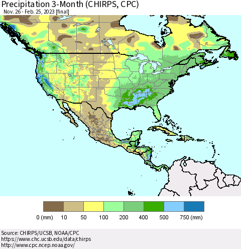 North America Precipitation 3-Month (CHIRPS) Thematic Map For 11/26/2022 - 2/25/2023