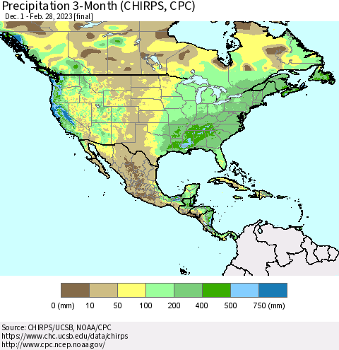 North America Precipitation 3-Month (CHIRPS) Thematic Map For 12/1/2022 - 2/28/2023